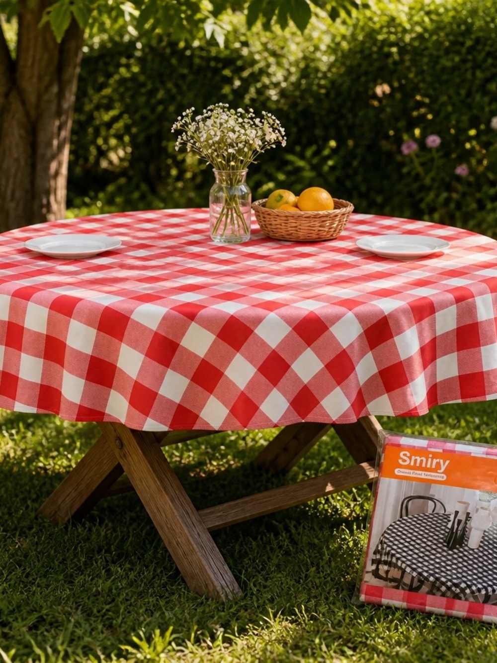 Fitted Red Checkered Round Tablecloth - Classic Picnic Style